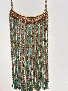 Coastal Boho Statement Fringe Bib Necklace Blue Tassel Beads Carol Dauplaise